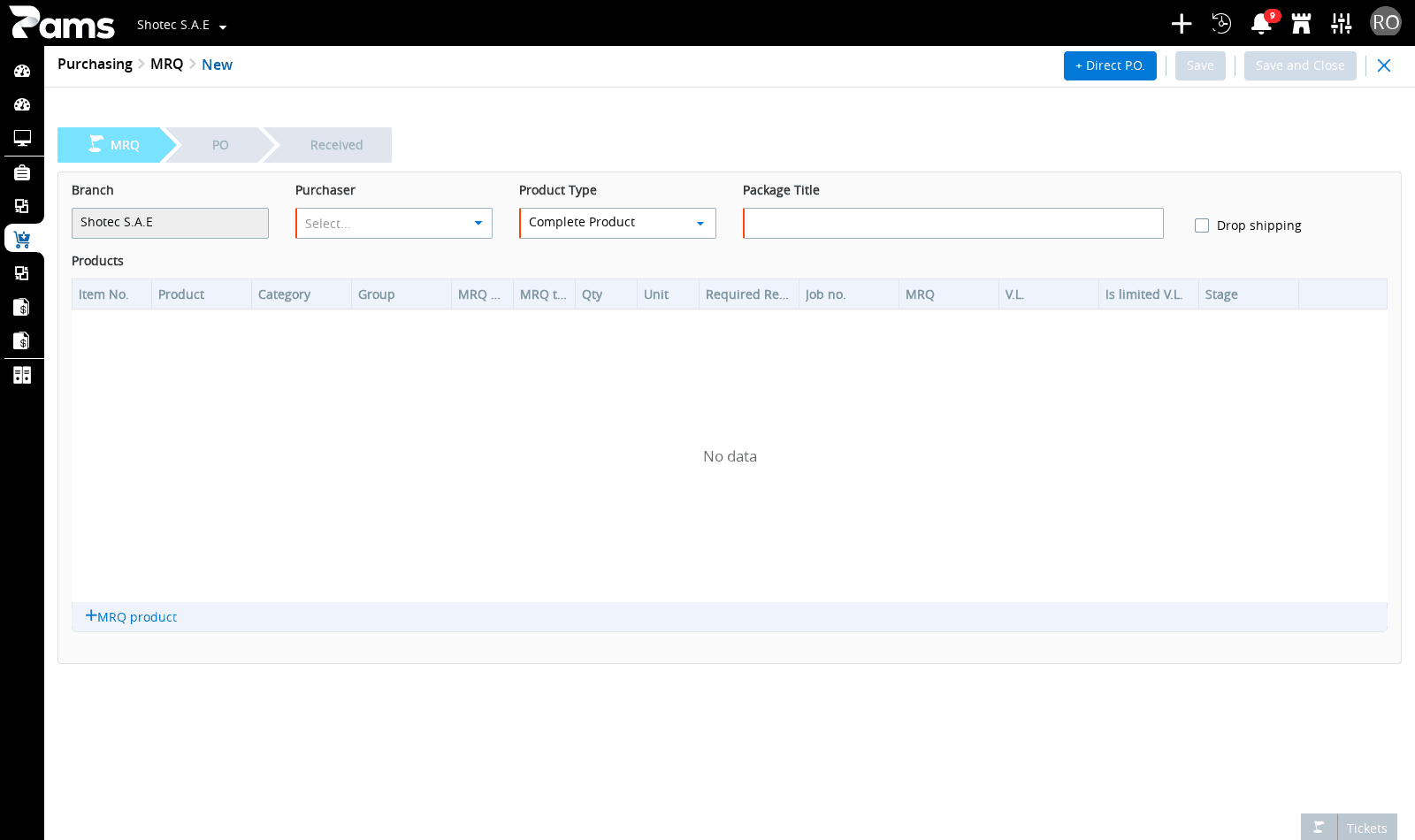 Check the direct-order header, stage indicators, and product grid before entering data.