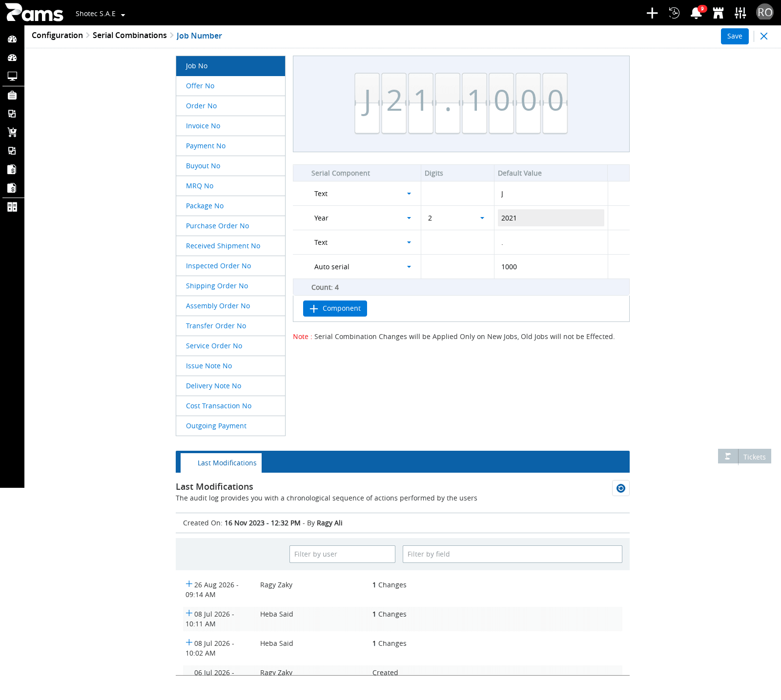 Review the Serial Component, Digits, and Default Value columns in the configuration grid.