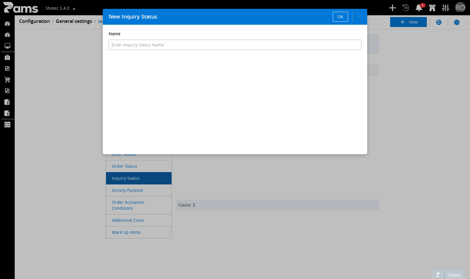 Review the New Inquiry Status dialog, its Name field, and the OK control.