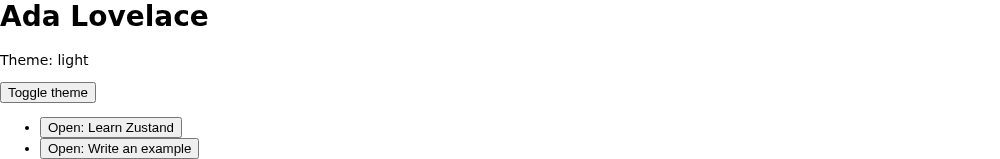 The rendered profile name, theme control, and two todo items appear.