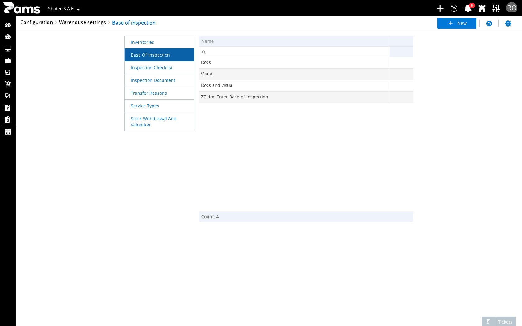 Check the Base of inspection heading and the warehouse reference-list navigation.