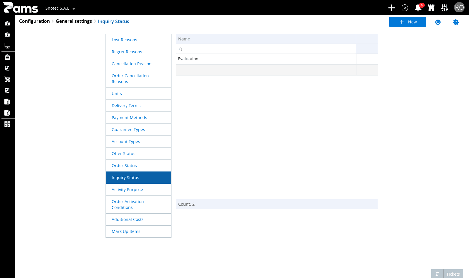 Identify the Inquiry Status list, its Name column, and the New and Refresh controls.