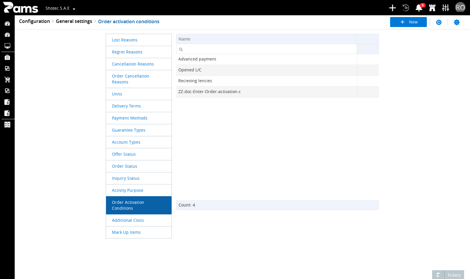 Check the landed page title, sales settings navigation, and New control.