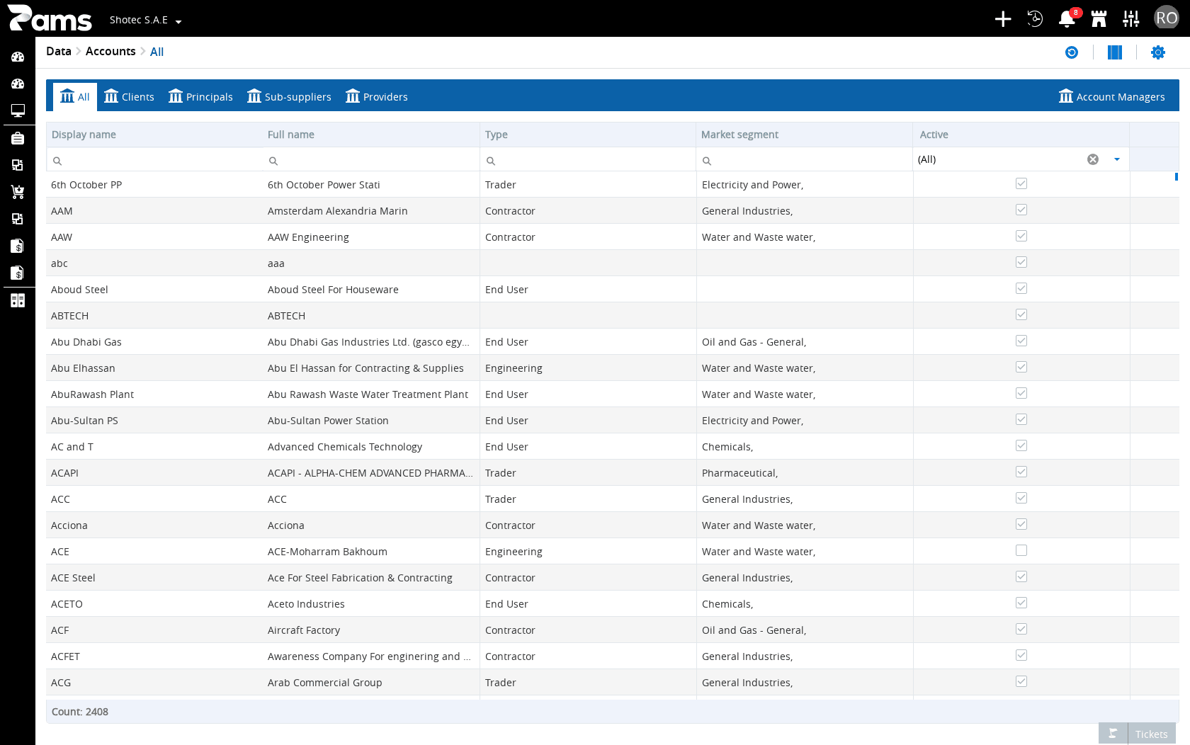 Read the account-category tabs and the five list columns