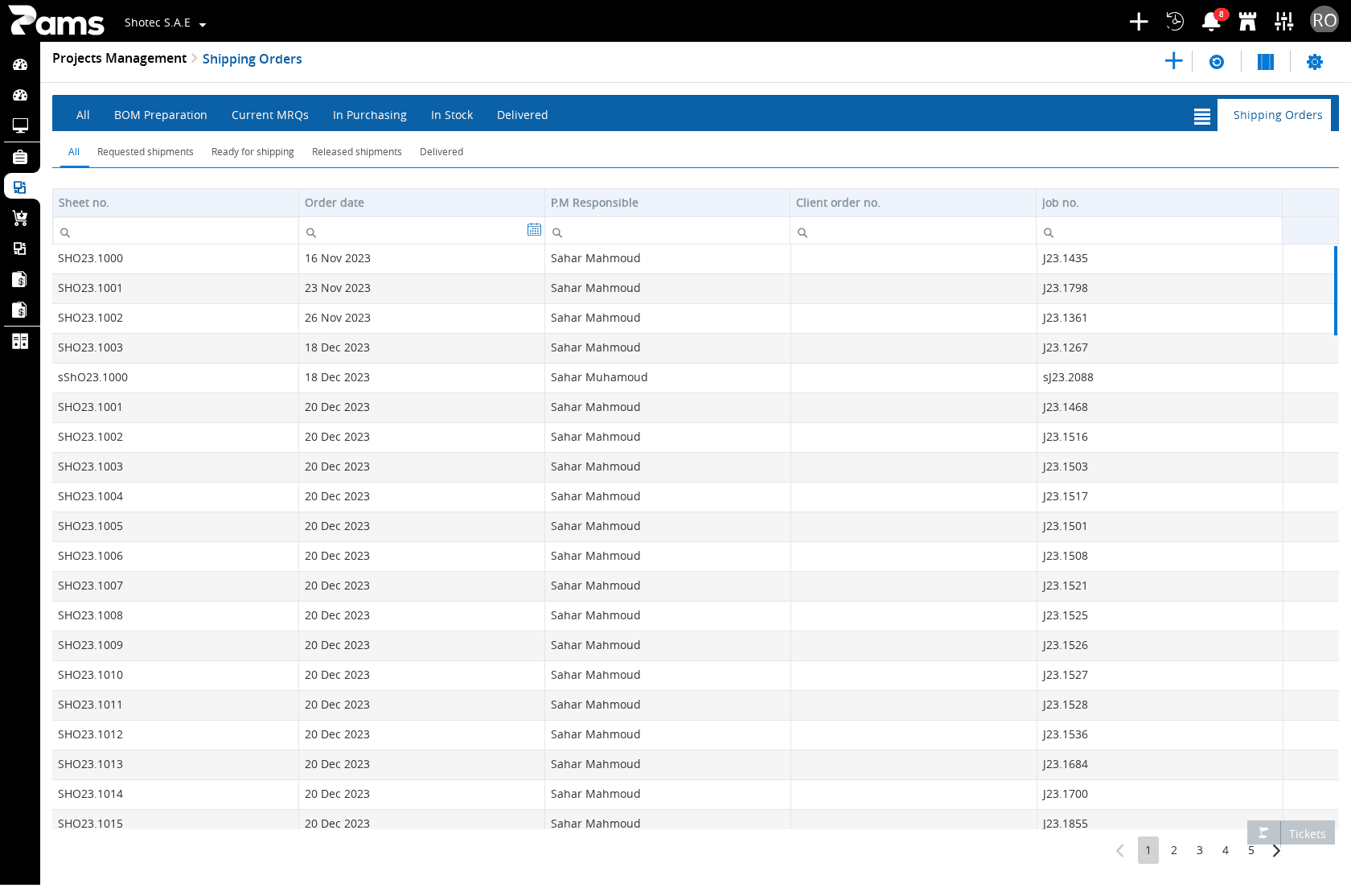 Shipping Orders list with its status filters and shipment columns
