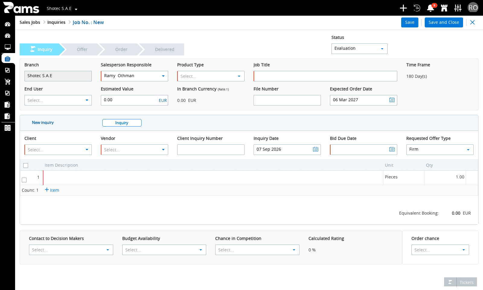 Recognize the item columns and save controls on the sales-job record.