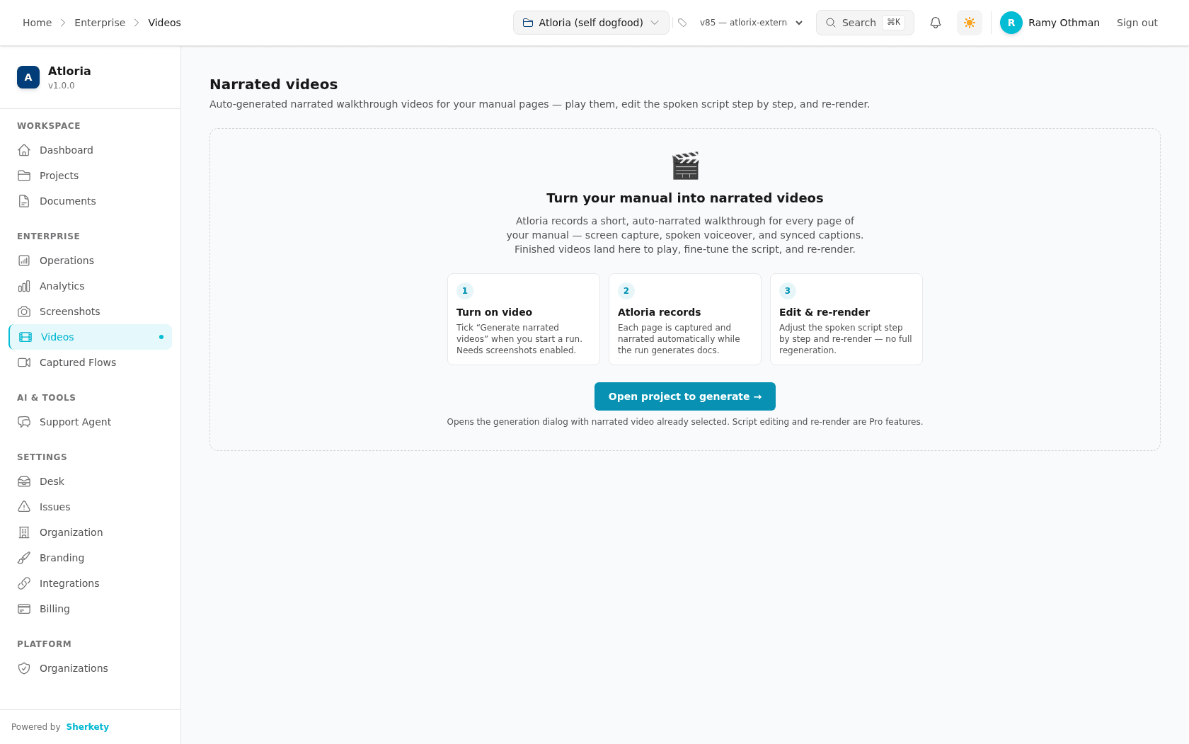 The empty Videos surface with the generation path and project context