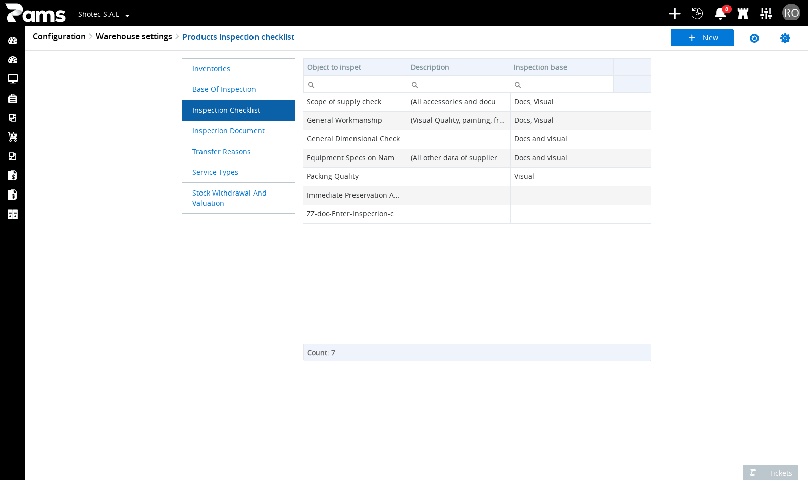Confirm the page heading, warehouse configuration list, and toolbar.