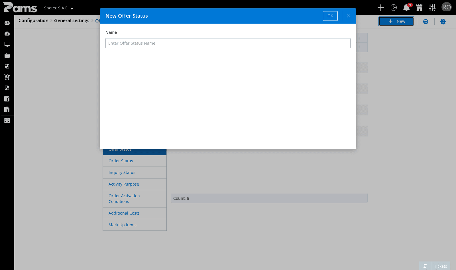 Check the New Offer Status title, Name field, and OK control.