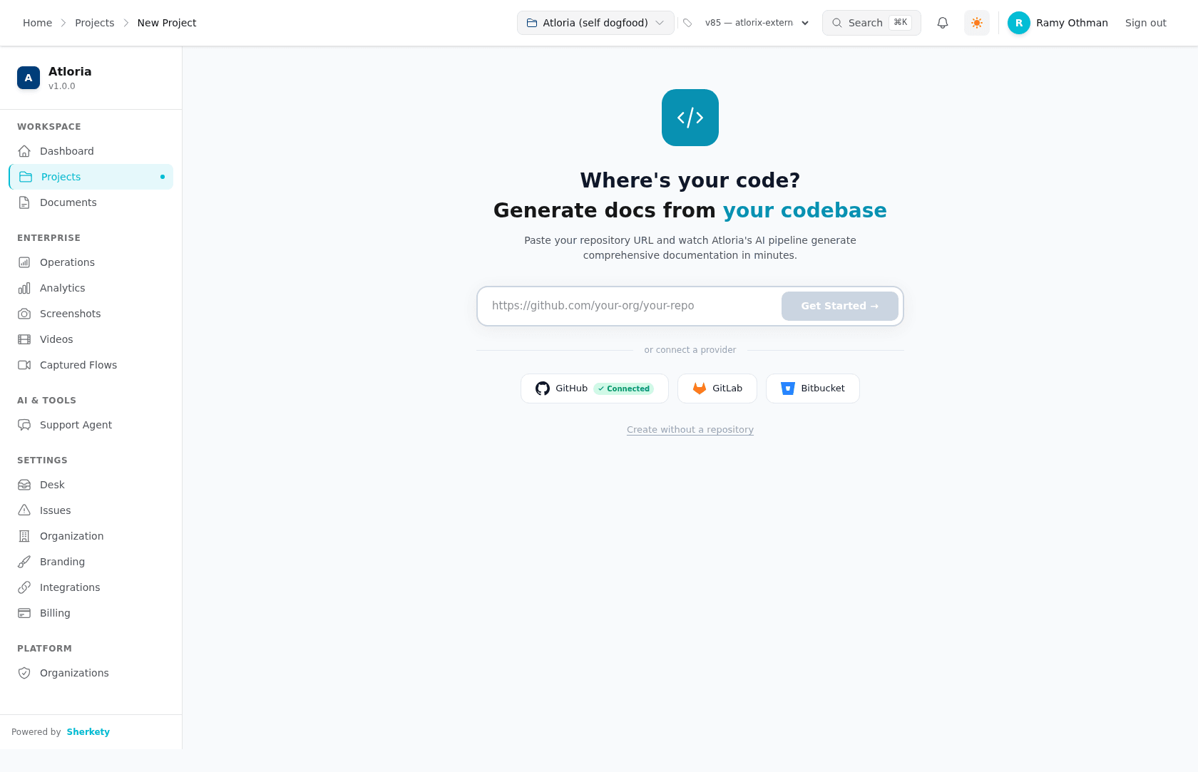 The initial project-creation screen with the repository choices and the option to continue without a repository.