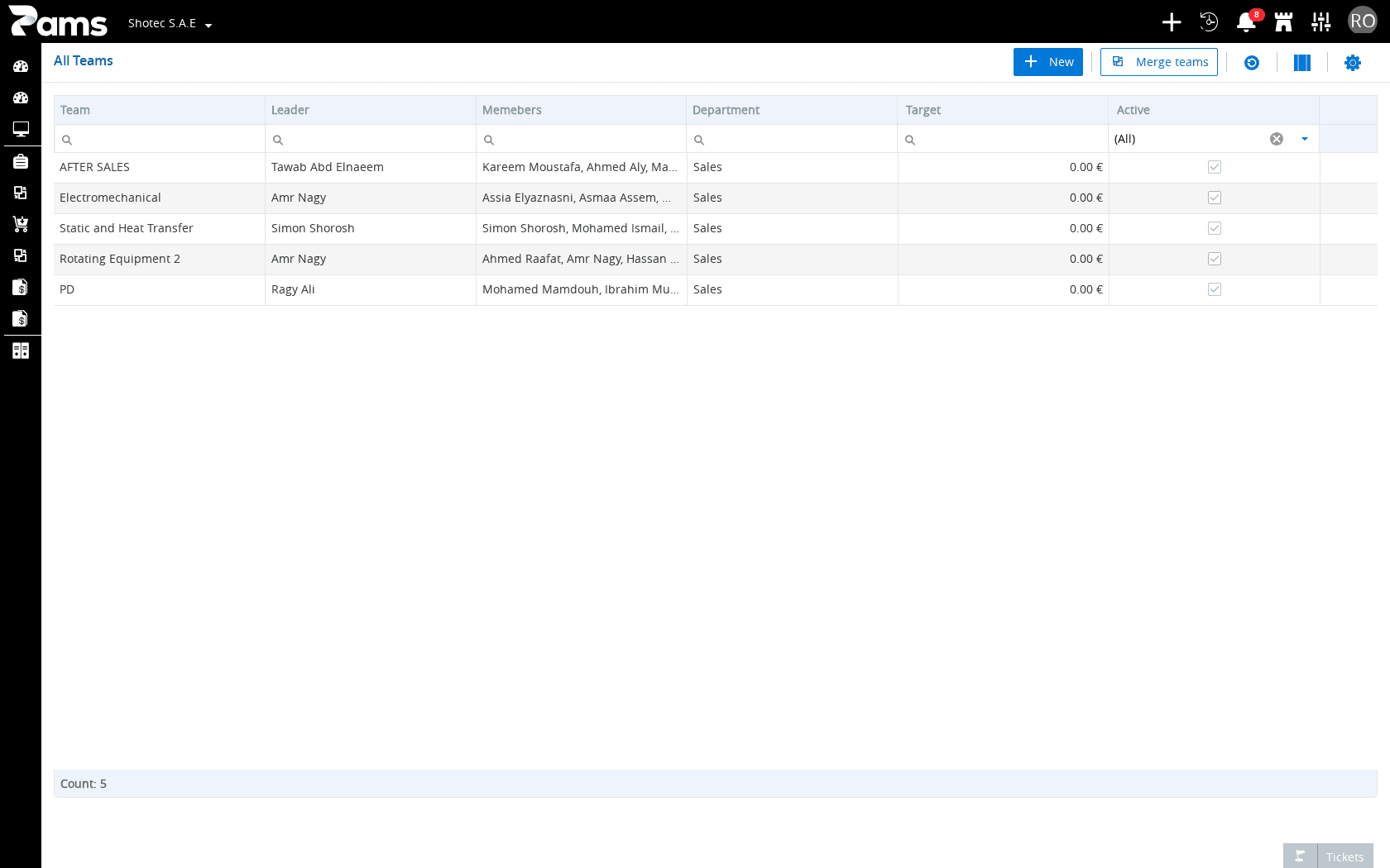 The Teams list with its six visible headers and list tools.