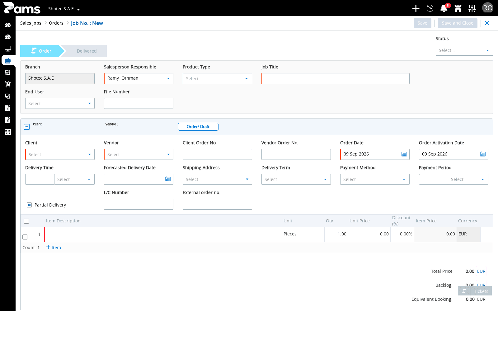 The Direct order entry page with its controls and item grid