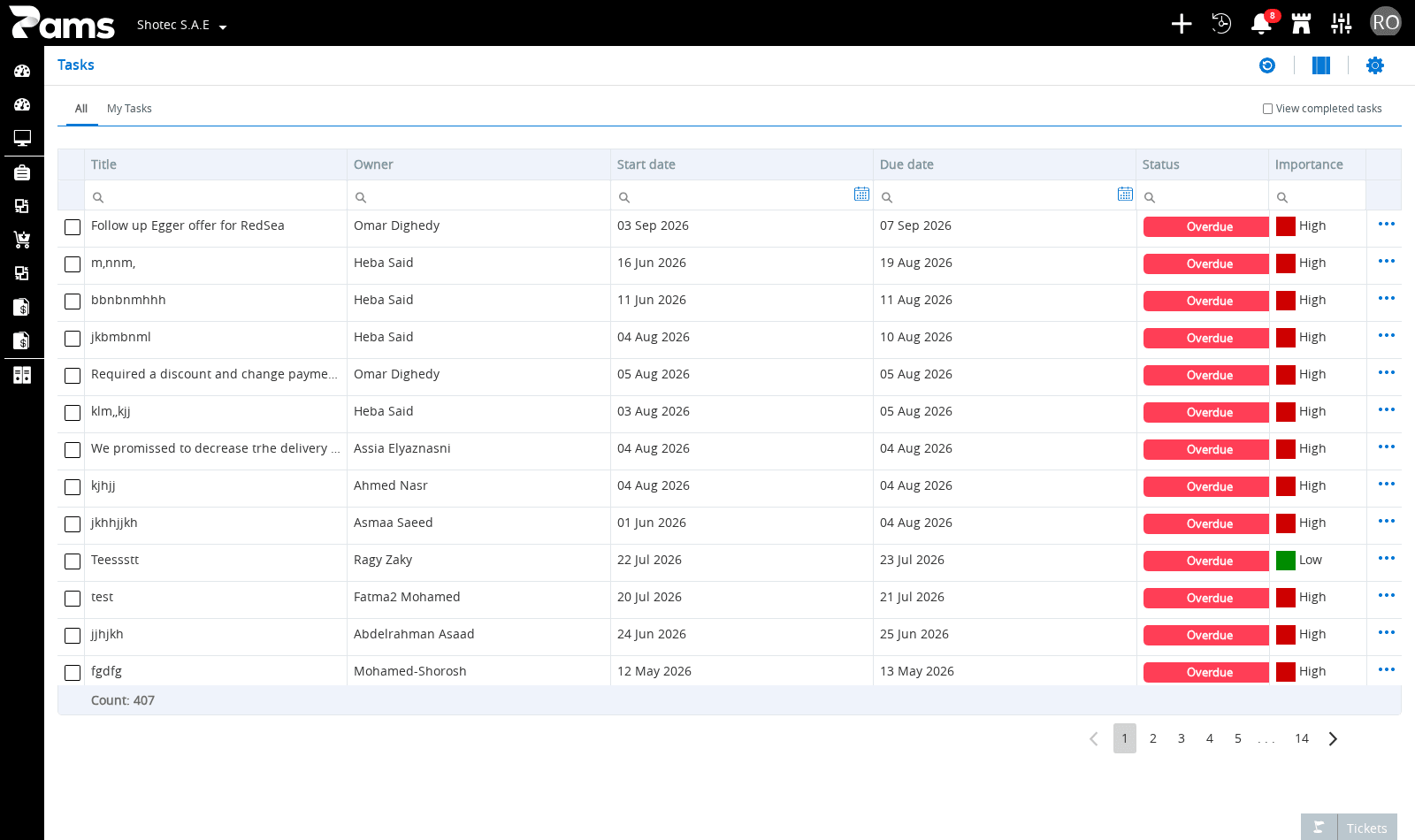 Use the task-list headers and filters to locate a task