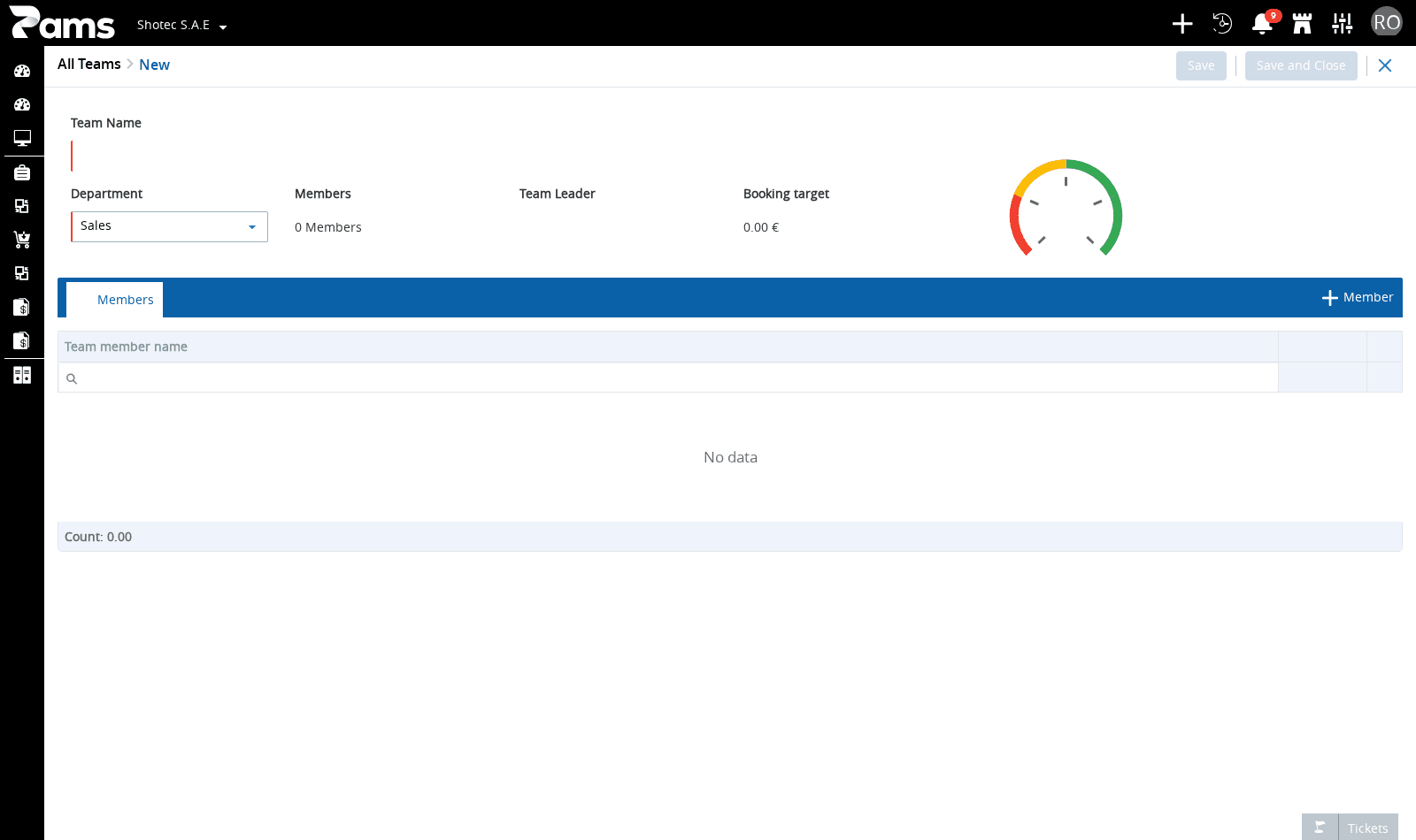 The new-team screen with the Members tab, summary readouts, and member grid.
