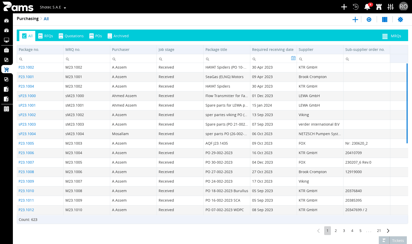 Check the active Purchase Jobs tabs and the list headers.