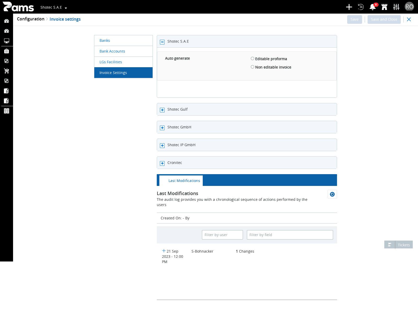 Identify the Invoice settings page and its branch headings