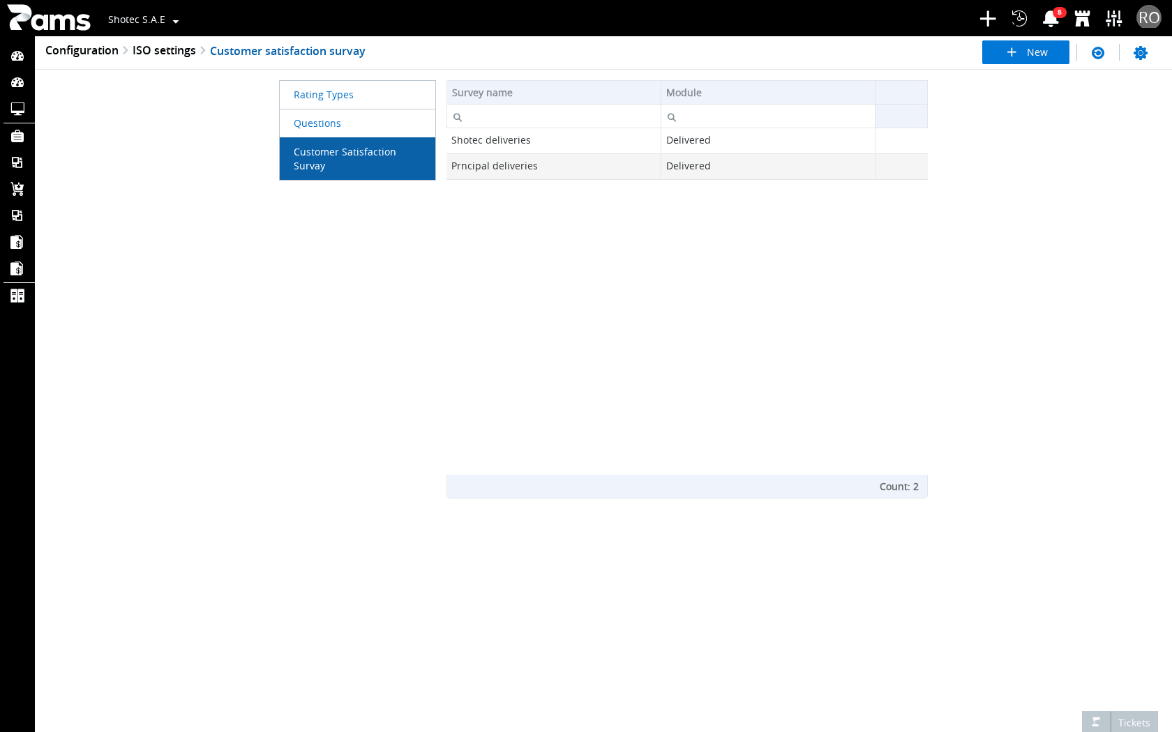 Check the page title, arrival controls, and the Survey name and Module columns.