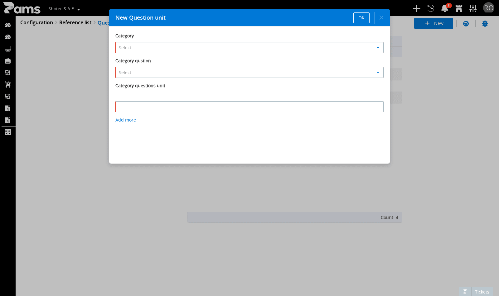The new question-unit dialog with its required fields