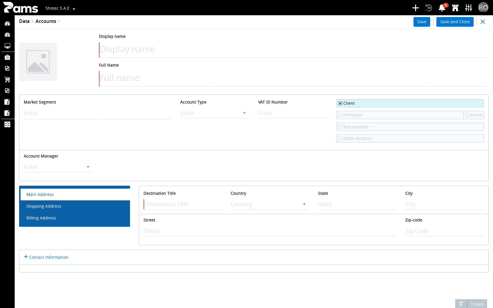 Identify the new-account form and its two save controls.