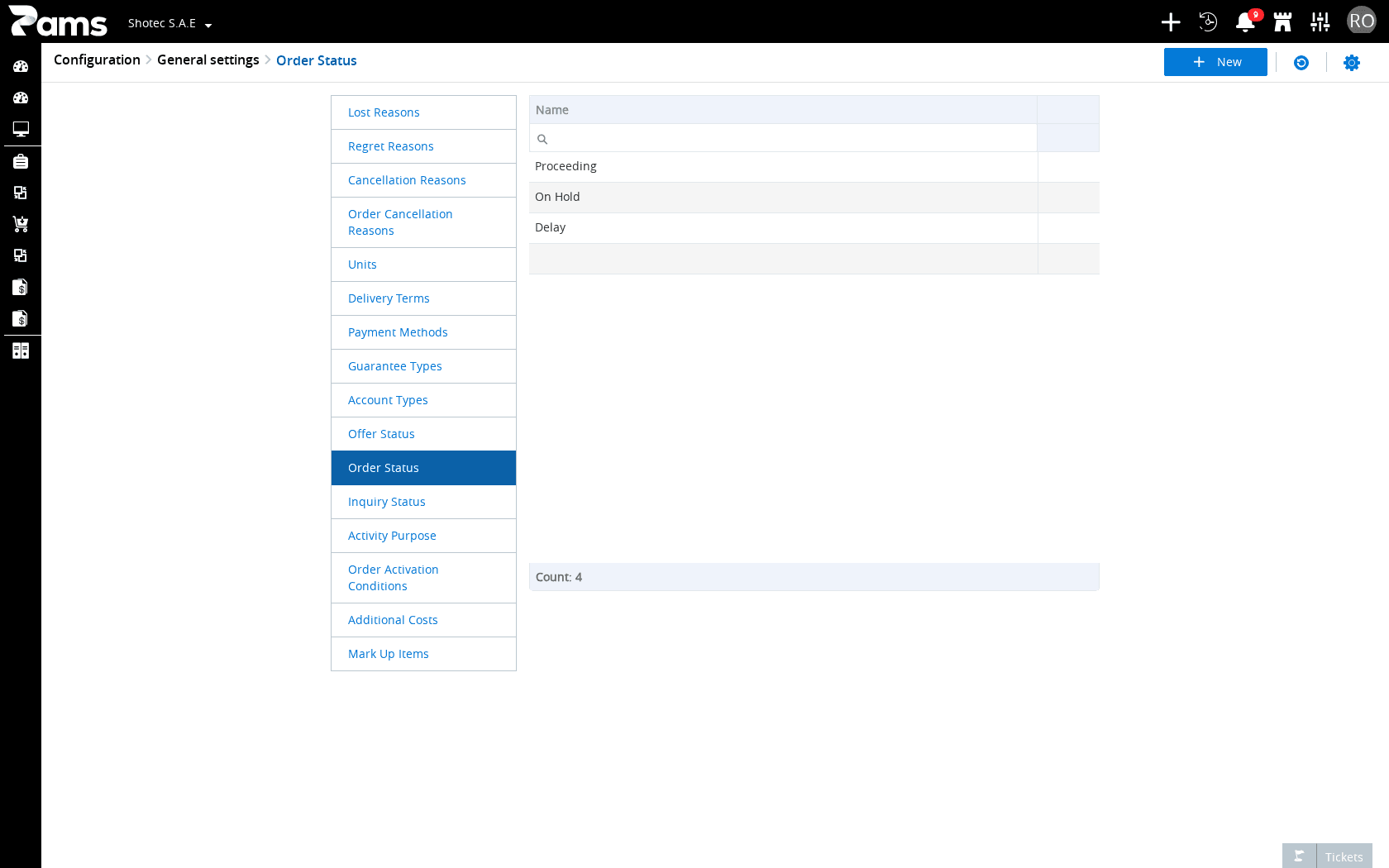 Check the Order Status title, Name column, and page actions.