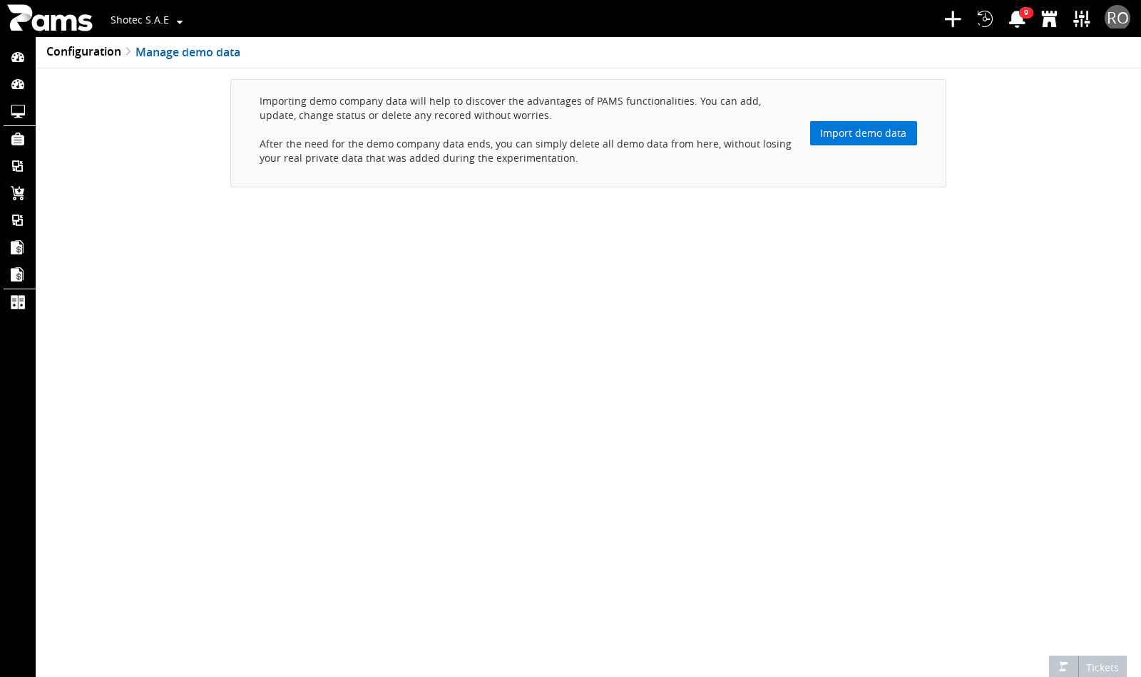 The Manage demo data page after opening it from the Configuration area.