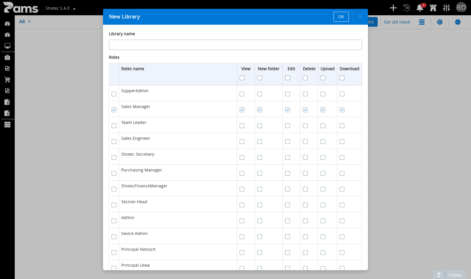 The New Library dialog with Library name and Roles