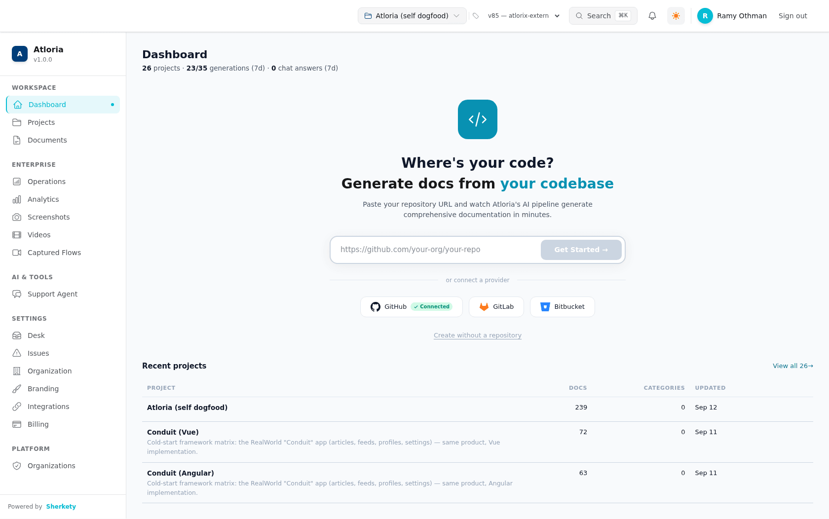 The workspace home with its visible project grid and column headers