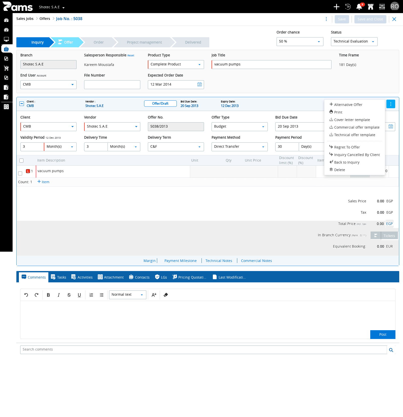 The Offer action menu with state-dependent actions
