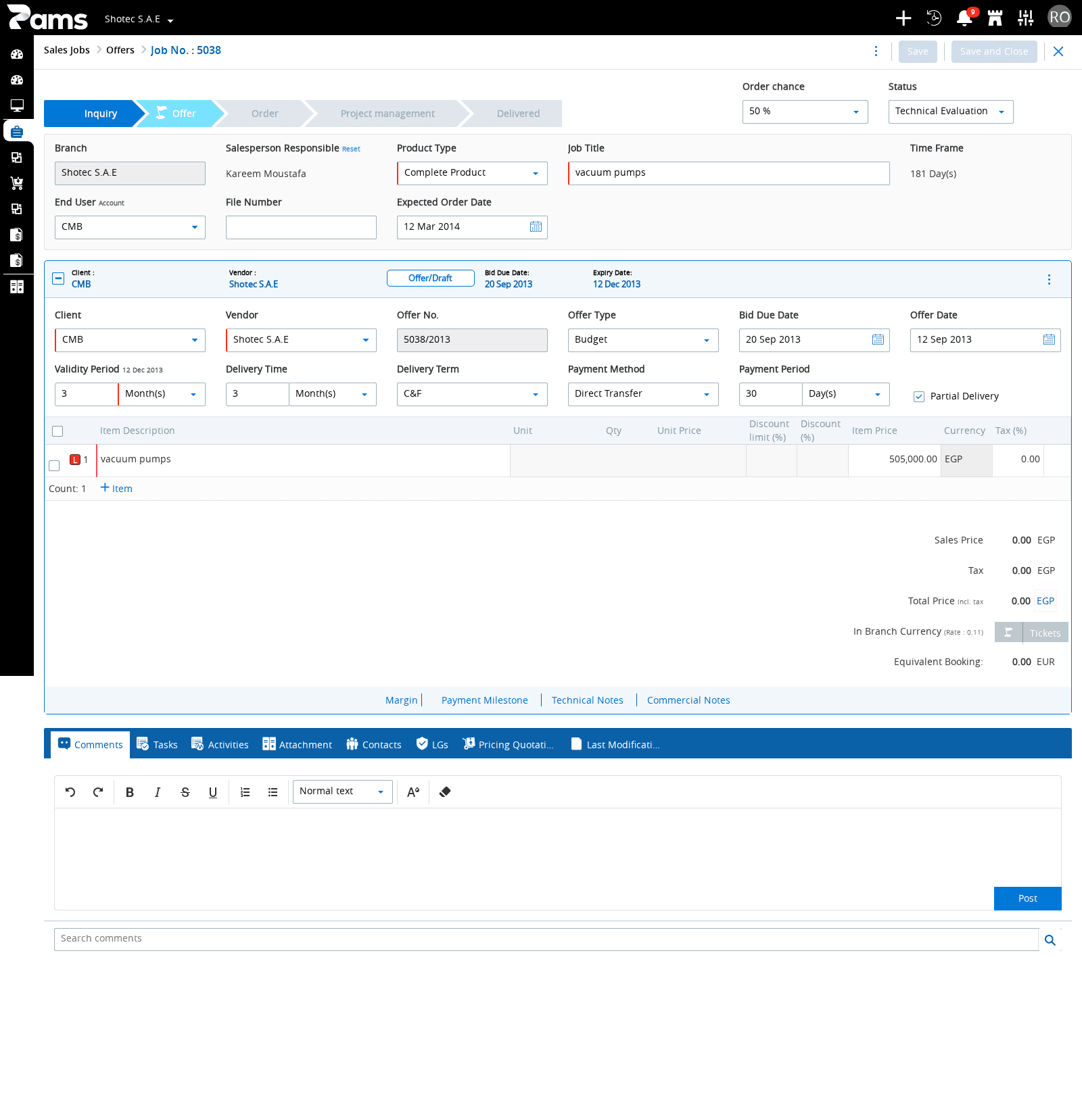 The opened Offer panel with its commercial fields and item area