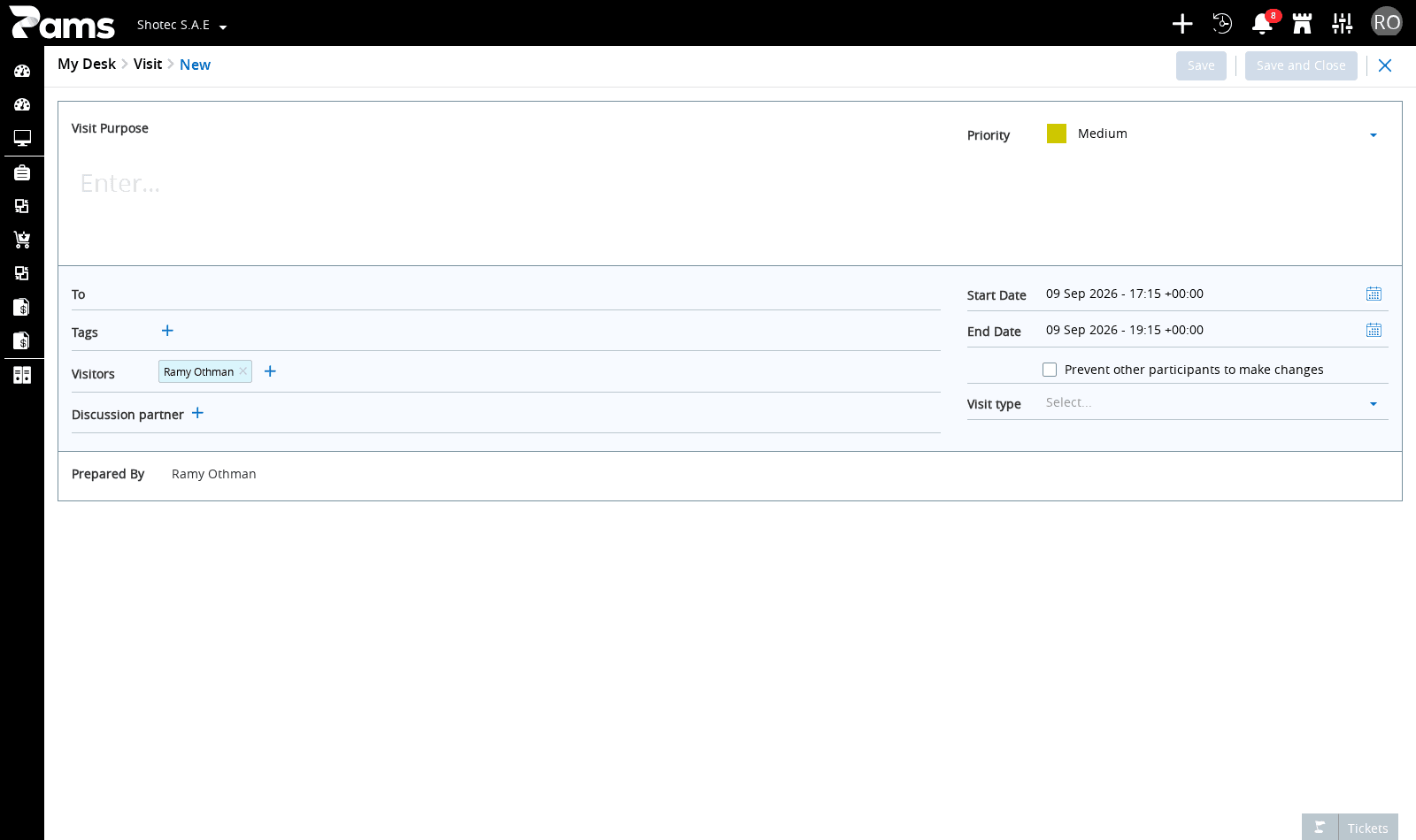 The Visit form with the Priority control open