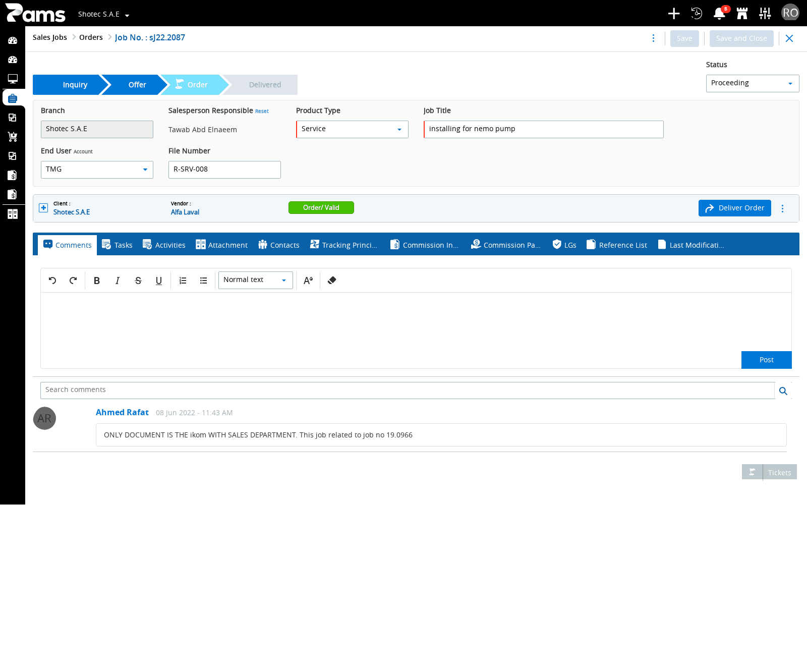 Recognize the opened order record and its available actions