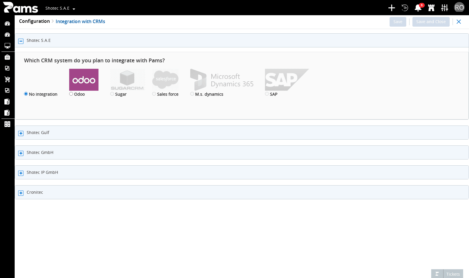 Choose the integration for an open branch
