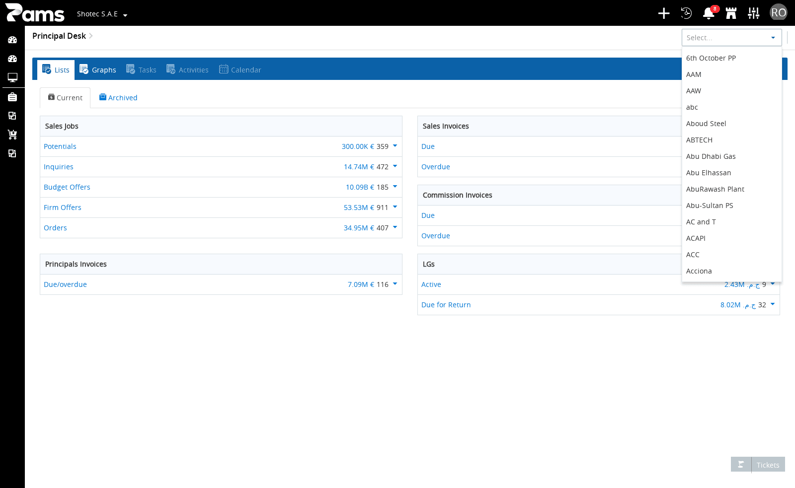 Principal Desk with the client list open