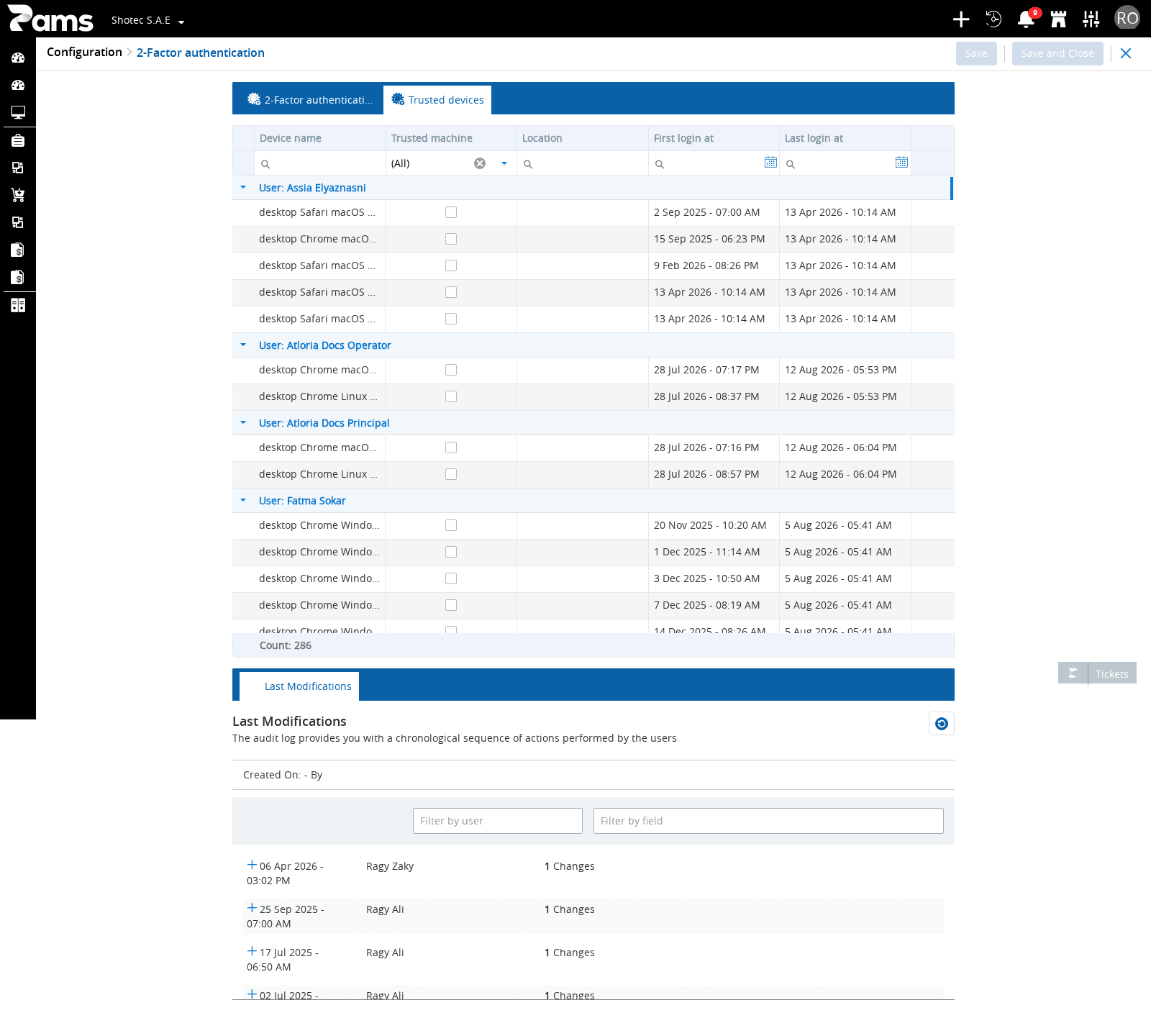 Review the trusted-device columns and device rows.