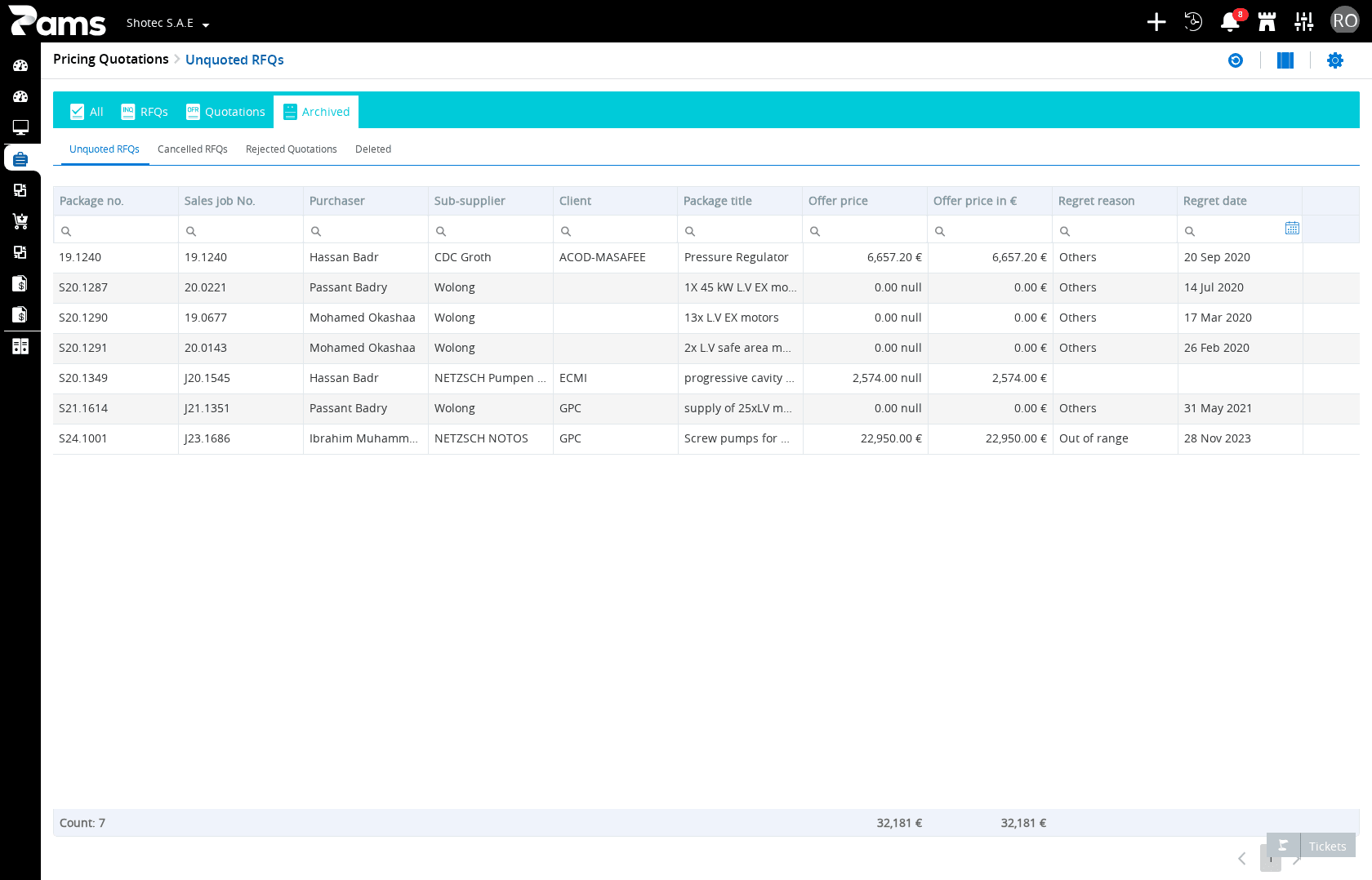 Identify the five exception filters and the current result columns.