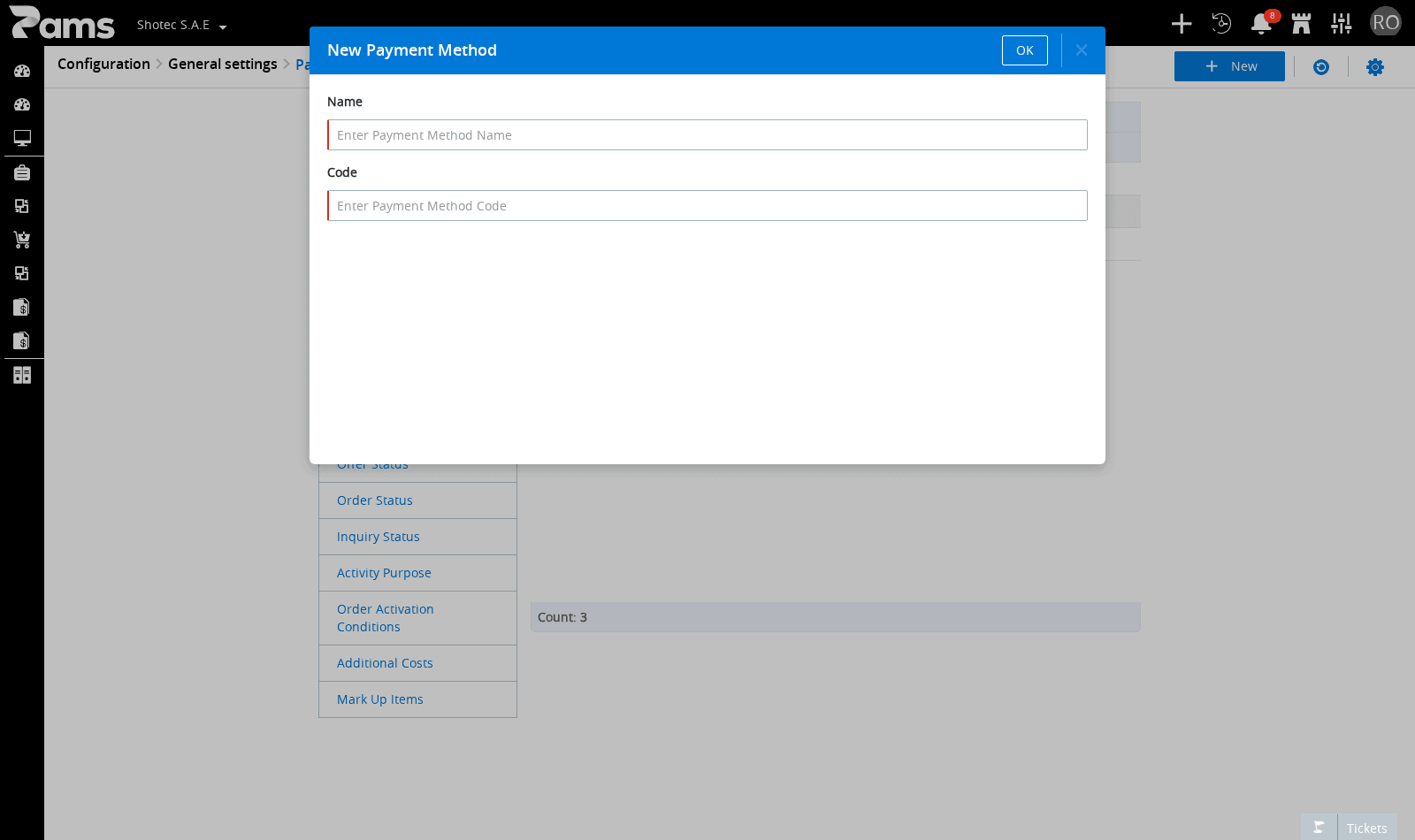 Look for the New Payment Method dialog, the required Name and Code fields, and OK.