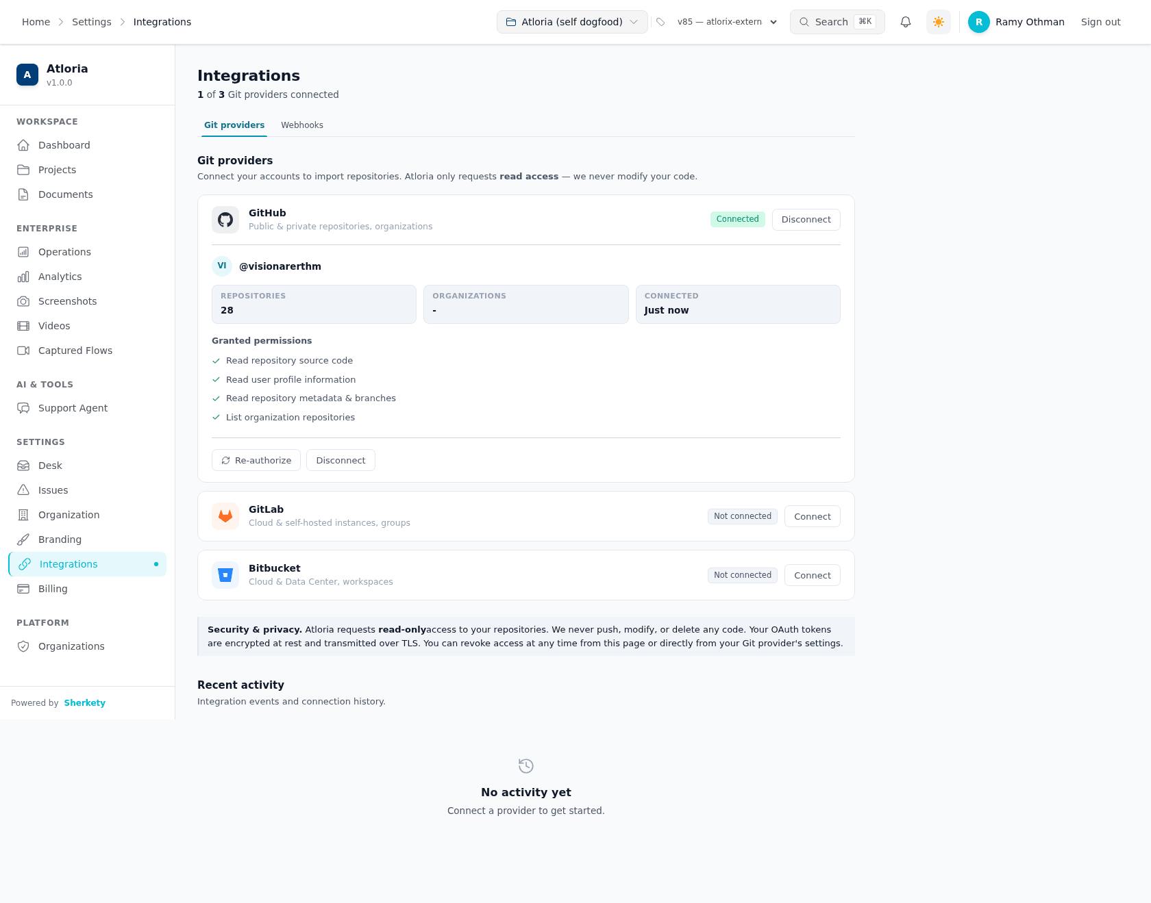 The Integrations page with the Git-provider and Webhooks choices visible.