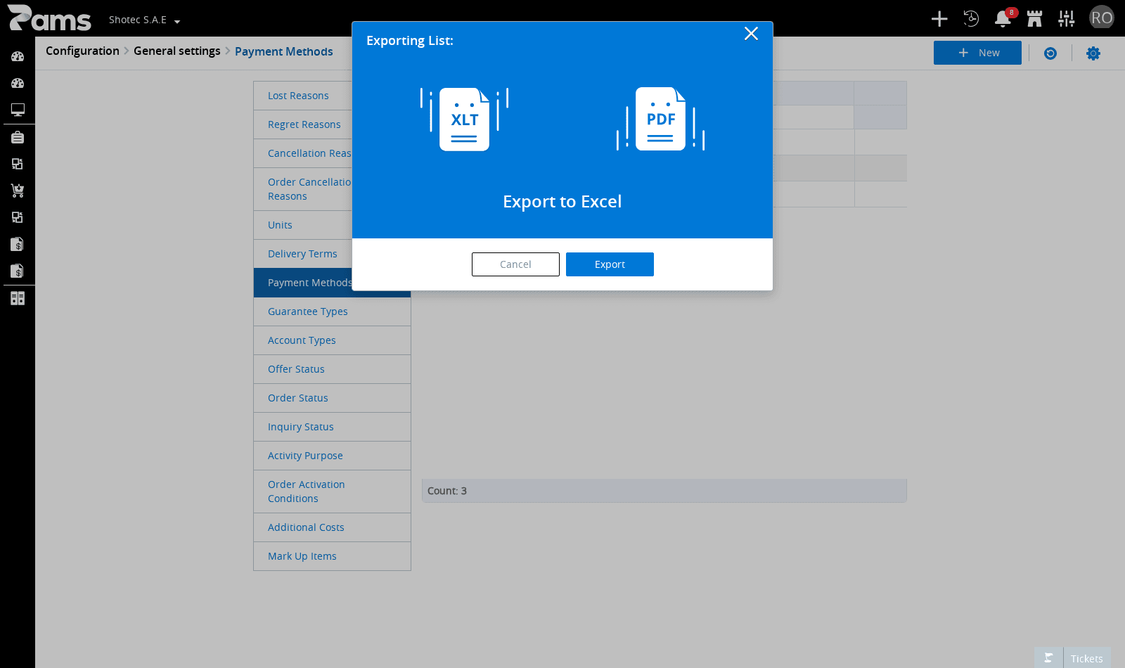 Look for the Exporting List dialog and its Export to Excel, Cancel, and Export controls.