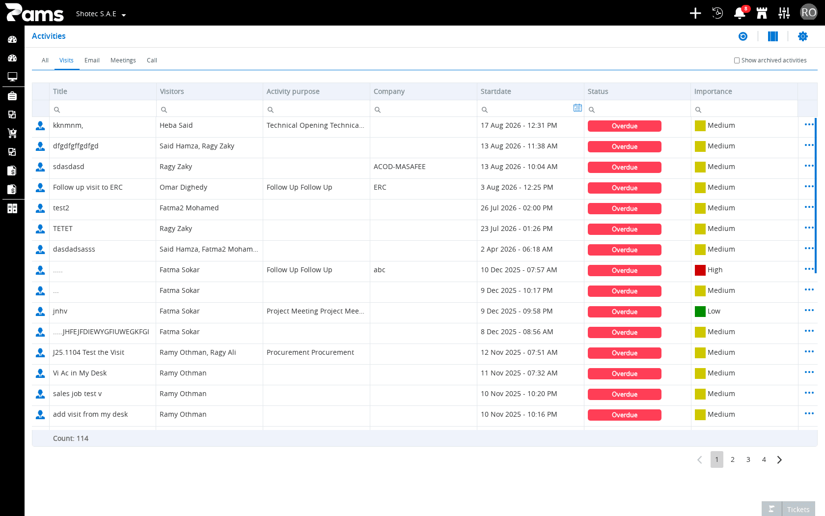Activity list with its visible filters and column headers