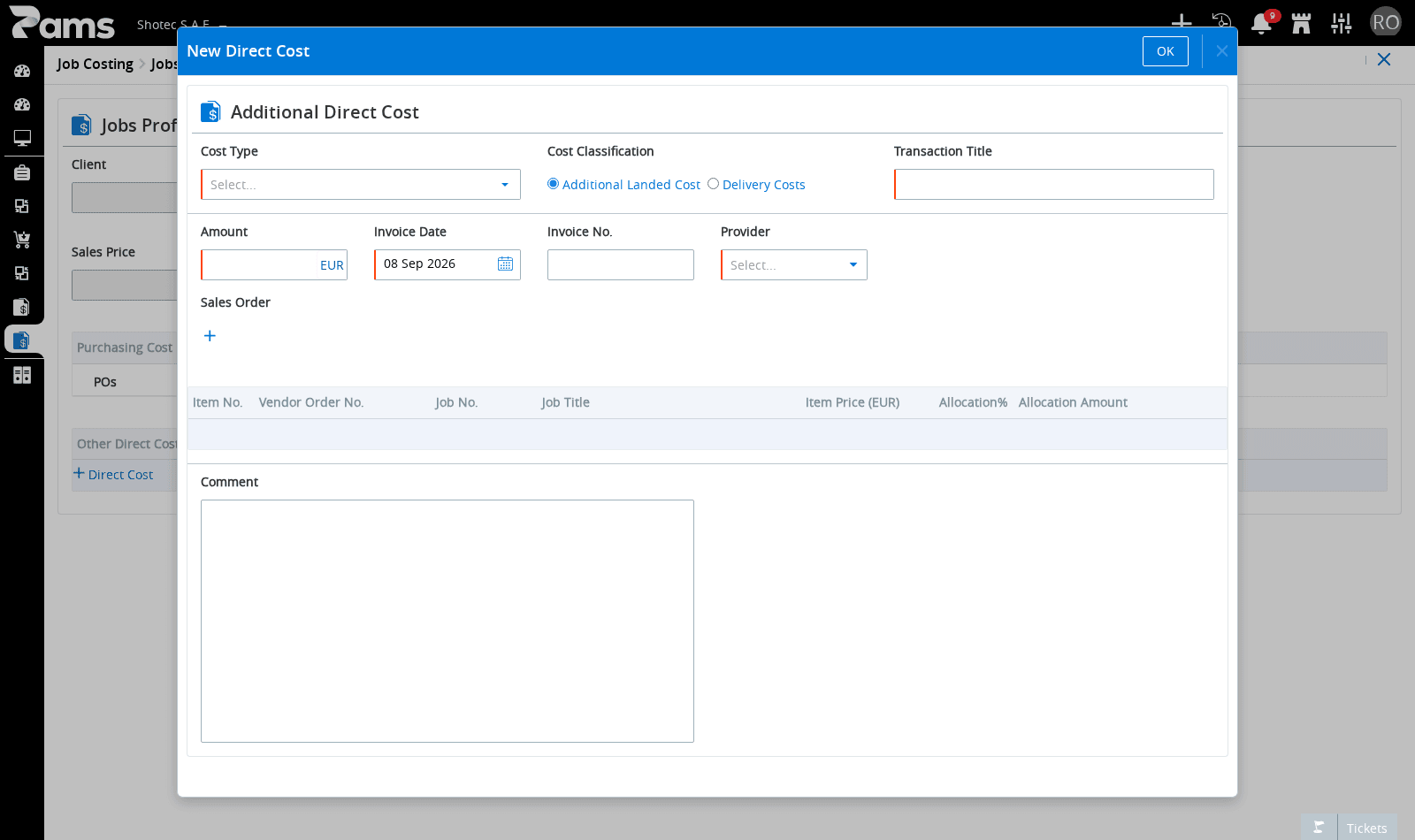 Review the New Direct Cost popup and its labelled fields.
