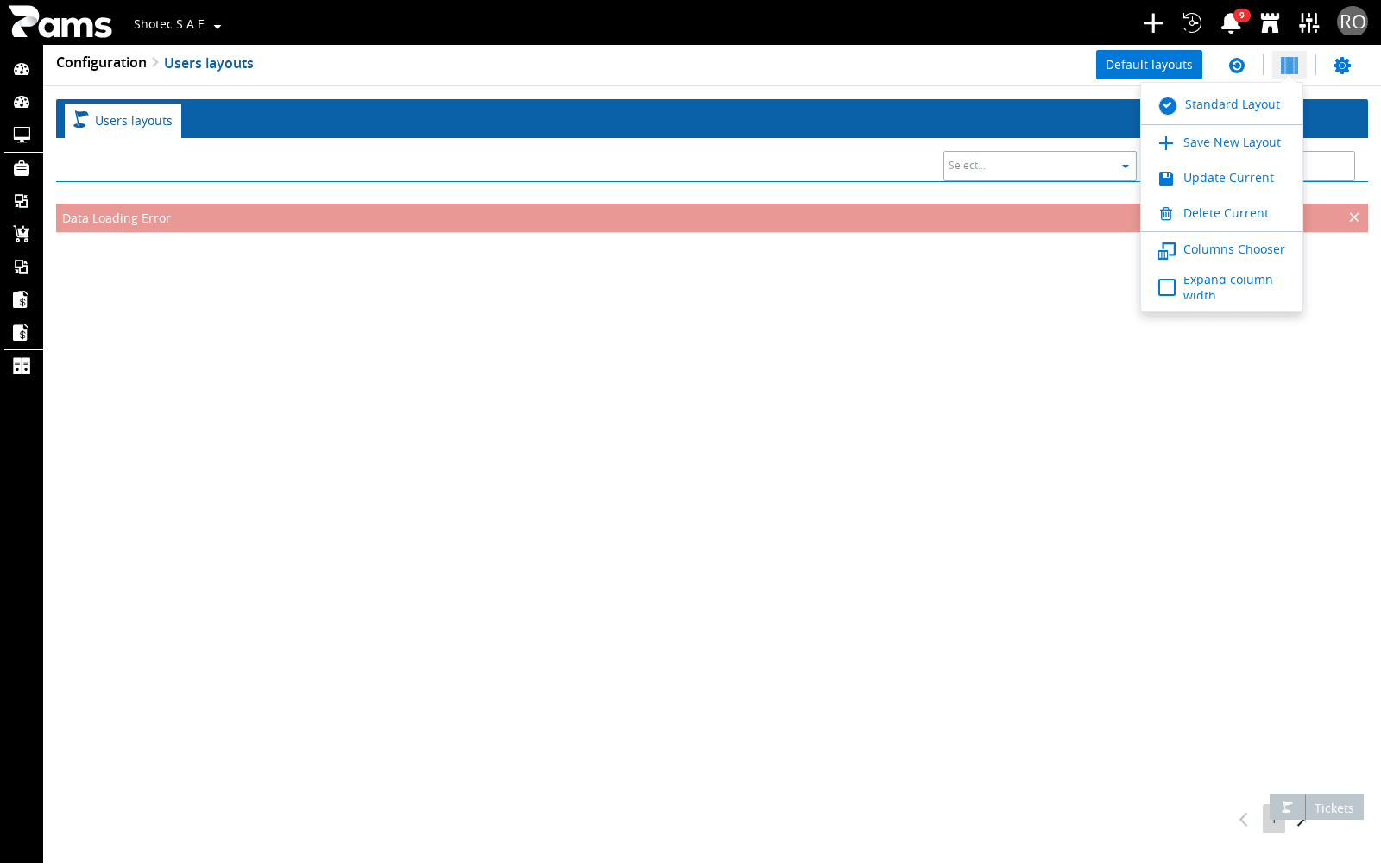 Choose a saved layout or open a layout maintenance action.