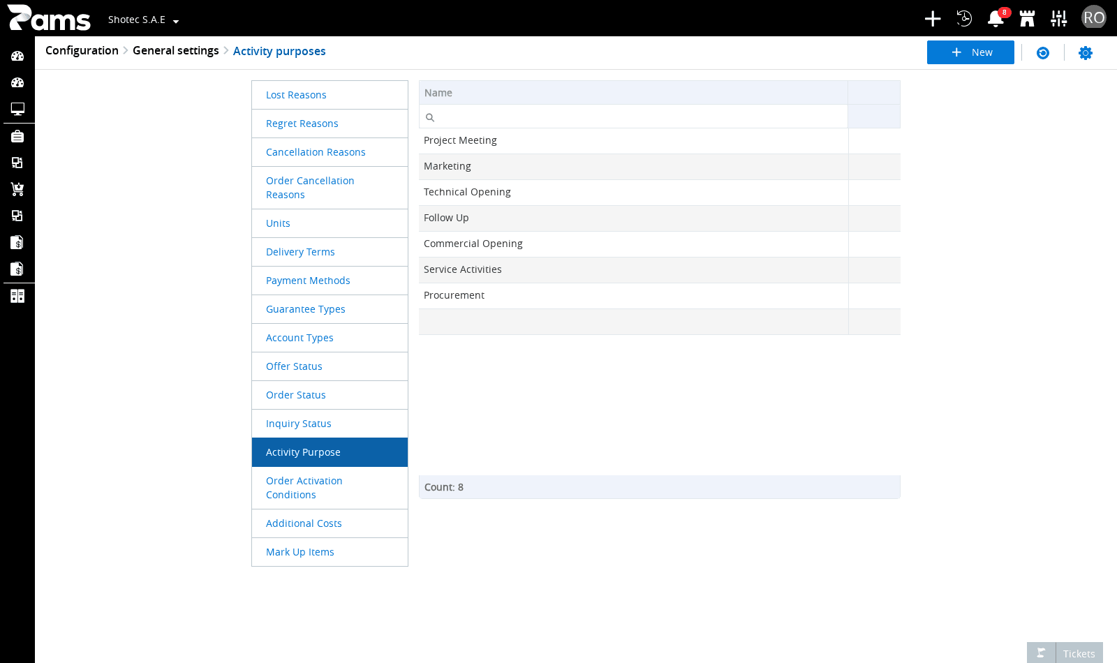 Locate the Activity purposes list and its Name column.