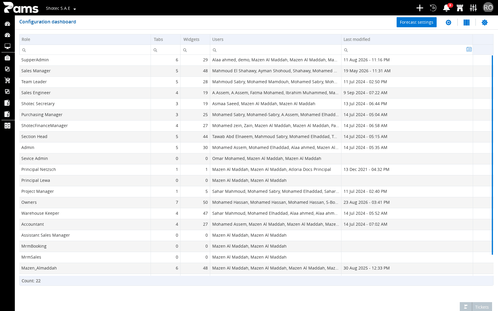 Check the Dashboard settings list, its five headers, and its available list actions.