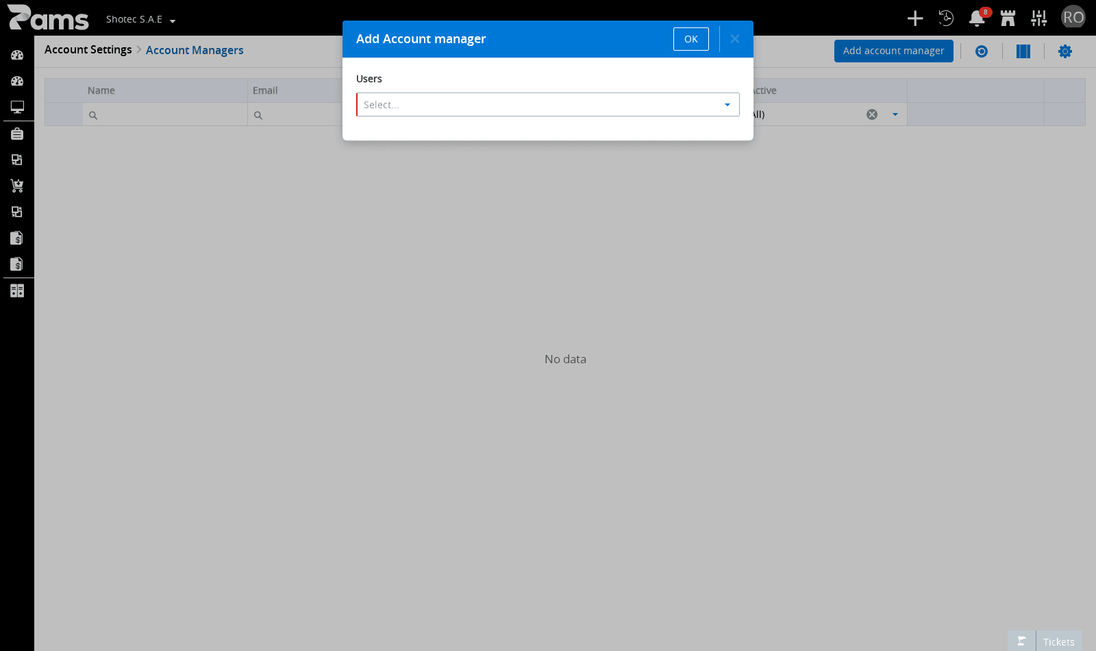 Review the Add Account manager dialog, the required Users field, and OK