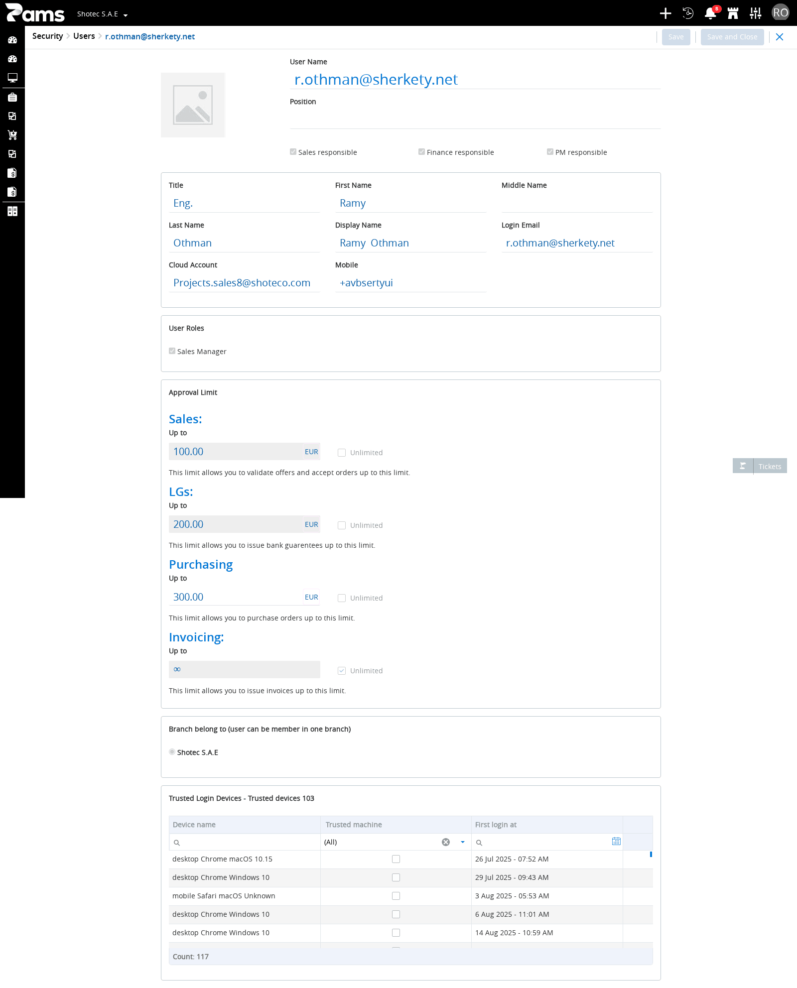 The profile identity fields, approval readouts, and trusted-device columns