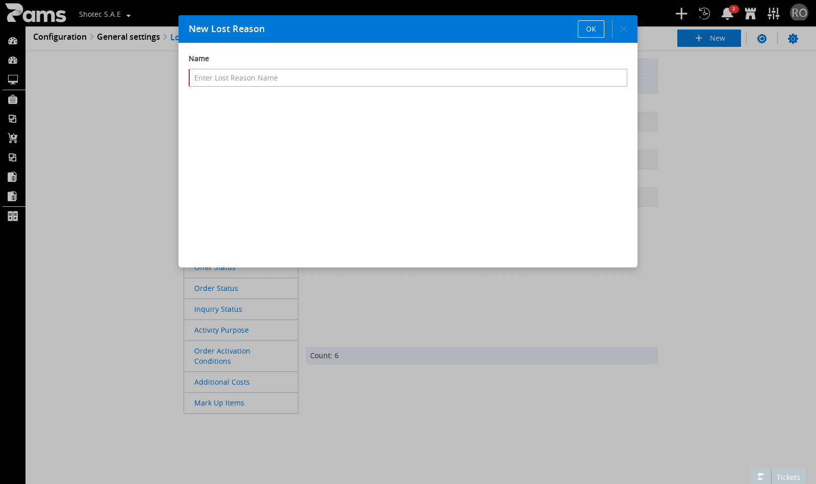 Enter a name in the required Name field in the New Lost Reason dialog.