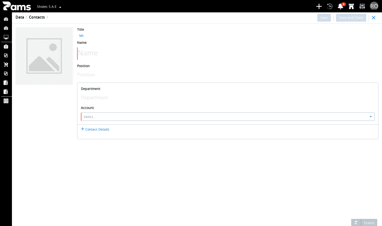 Identify the required Name and Account fields on the new-contact form.